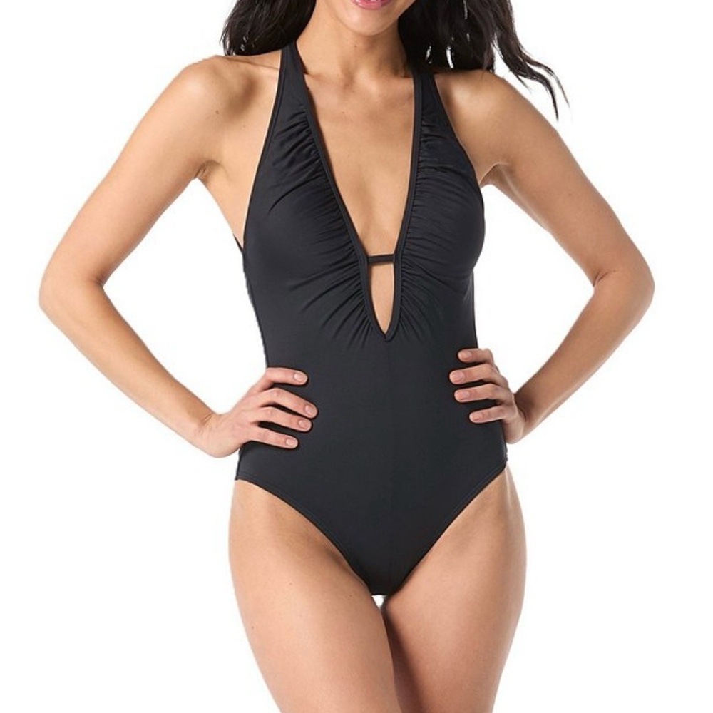NWT Vince Camuto Plunge Neck Halter Open Back One-Piece Swimsuit Size 10 Black